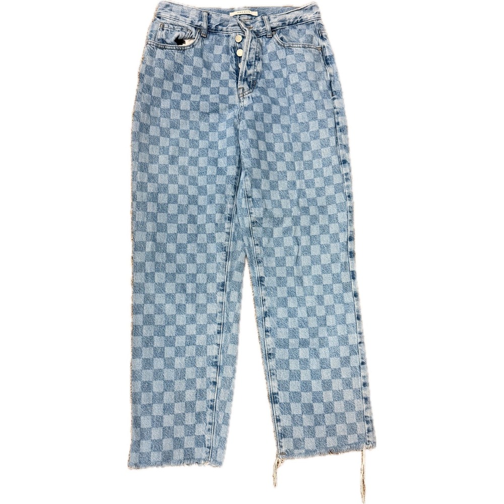 PacSun Blue Checkerboard High Waisted Straight Leg Jeans Raw Hem Button Fly 27
